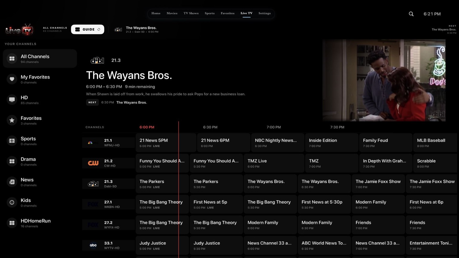 Actual Signal tvOS screenshot showing Live TV belongs right beside your movies.